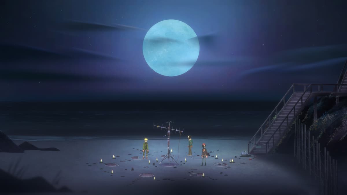 characters standing around antenna on beach in Oxenfree 2