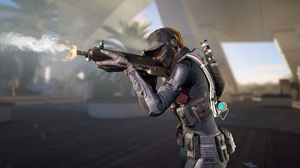 XDefiant character firing an assault rifle